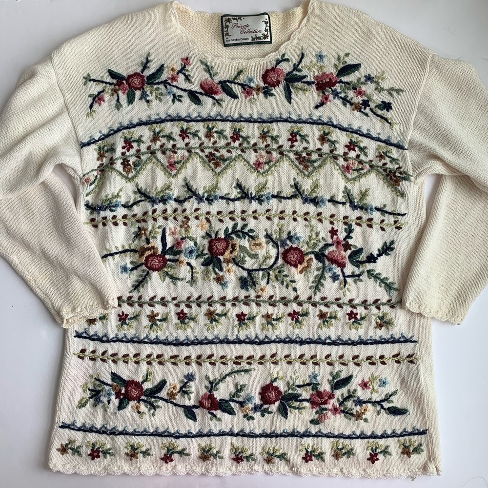 BN4 Private Collection Floral Cottagecore Knit‎ Cream Cotton Blend Sweater Large